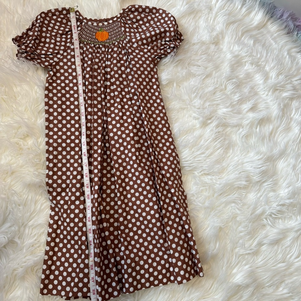 Smocked pumpkin/fall/thanksgiving dress - polka dots - brown and white - Picture 2 of 5